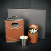 Brown Leather Hip Flask + 4 Cups - 6oz Stainless Steel