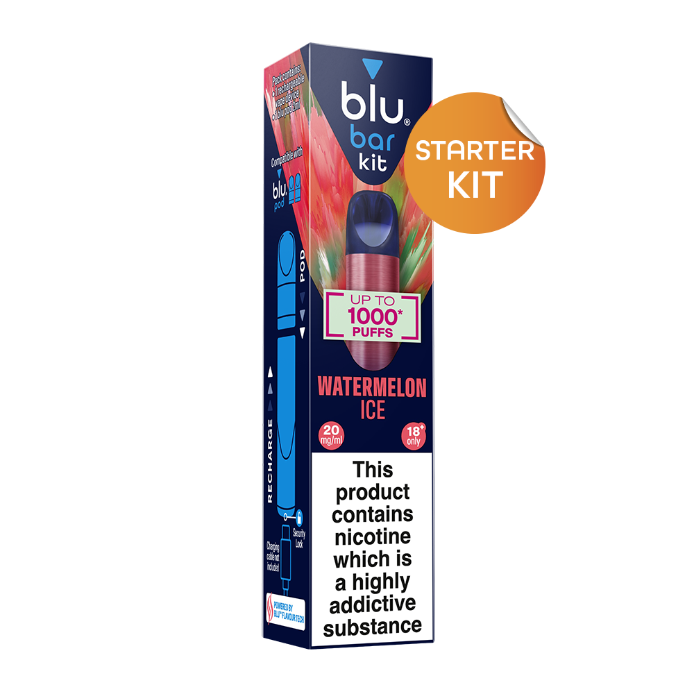 blu bar Starter Kit Rechargeable Device + Watermelon Ice Pod Vape 1000