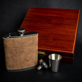 Brown Leather Hip Flask Gift Set - 6oz Stainless Steel