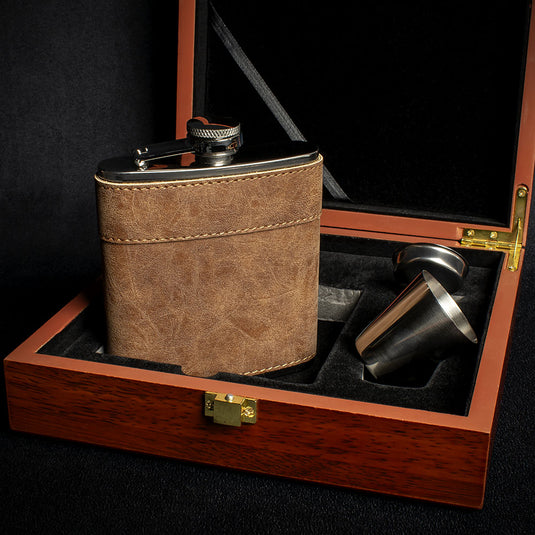 Brown Leather Hip Flask Gift Set - 6oz Stainless Steel