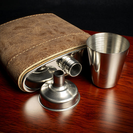 Brown Leather Hip Flask Gift Set - 6oz Stainless Steel