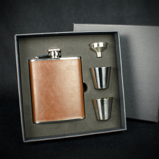 Brown Leather Hip Flask + 2 Cups - 6oz Stainless Steel