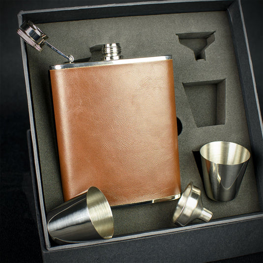 Brown Leather Hip Flask + 2 Cups - 6oz Stainless Steel