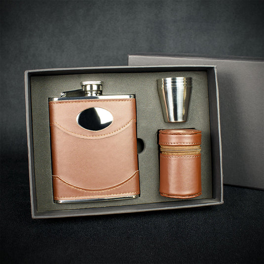 Brown Leather Hip Flask + 4 Cups - 6oz Stainless Steel