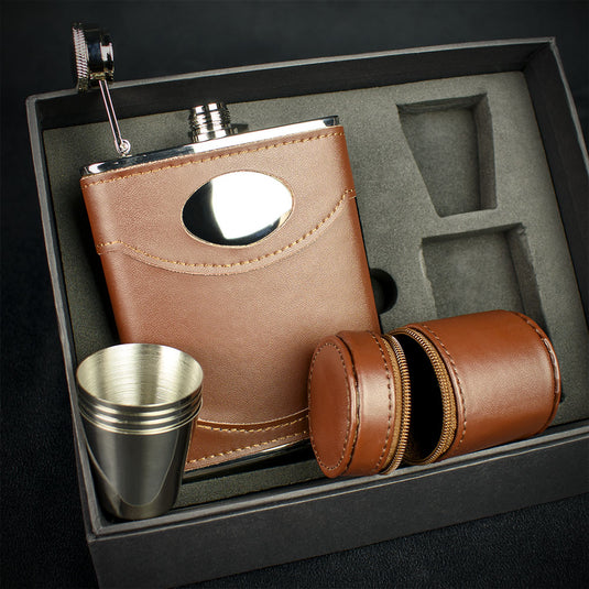 Brown Leather Hip Flask + 4 Cups - 6oz Stainless Steel