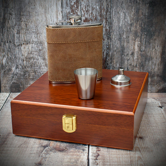 Brown Leather Hip Flask Gift Set - 6oz Stainless Steel