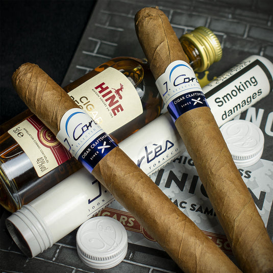 Sample Bag - 2 x J. Cortes Dominican Tubed Cigars & Hine Cigar Reserve Cognac 5cl Miniature
