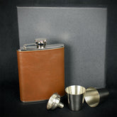 Brown Leather Hip Flask + 2 Cups - 6oz Stainless Steel