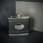 Black Leather Hip Flask - 4oz Stainless Steel with Engraving Plate