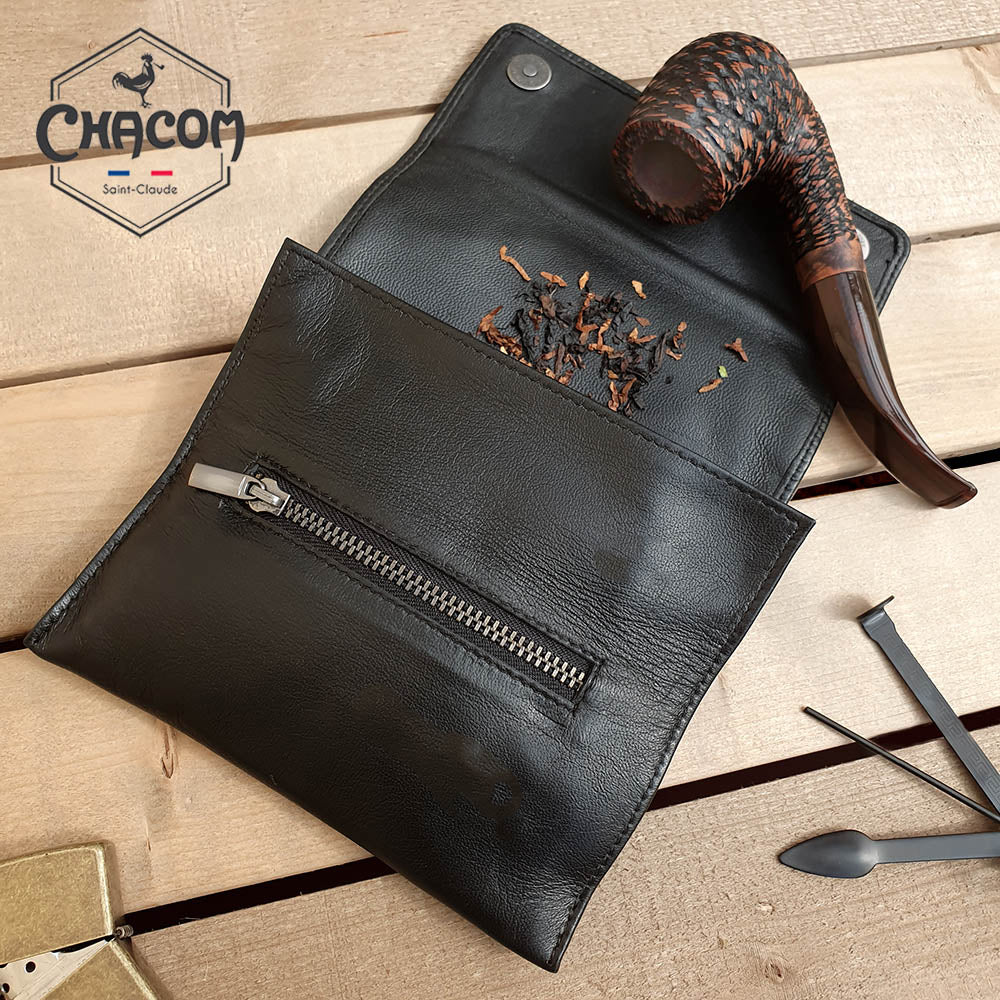 Chacom Black Leather Pipe Tobacco Pouch Roll Button