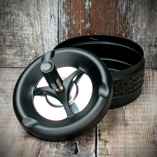 Spinner Ashtray - Matt Black and Croc Leather - 11cm