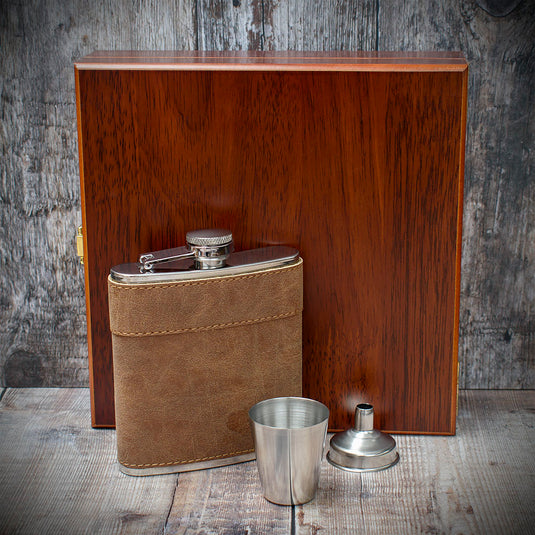 Brown Leather Hip Flask Gift Set - 6oz Stainless Steel