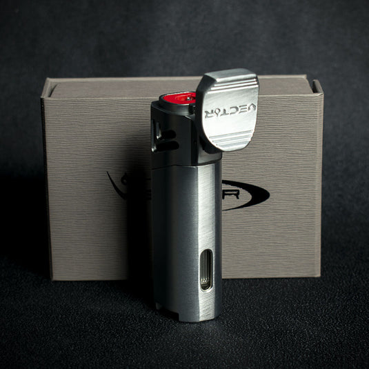 Vector Caliper Single Jet Flame Cigar Lighter With Punch Cutter - Satin Chrome