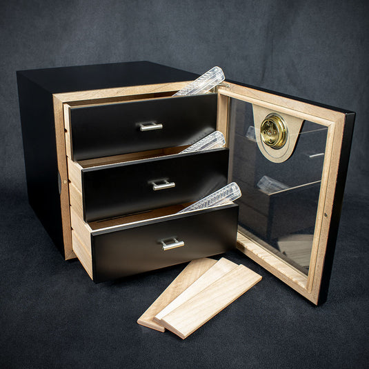 Smoke-King 3 Drawer Cigar Cabinet Humidor - Black & Acrylic - 40 -50 Cigars