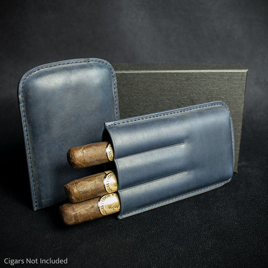 Navy Blue Leather Cigar Case By Artamis - 3 Finger Corona