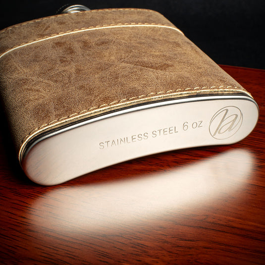 Brown Leather Hip Flask Gift Set  - 6oz Stainless Steel