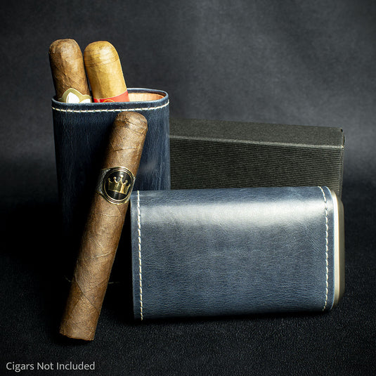 Artamis Navy Blue Leather Cedar LinedCigar Case - 3 Robustos