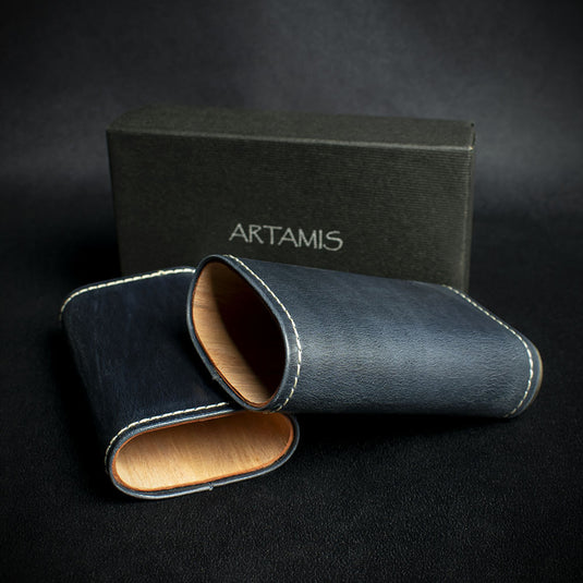 Artamis Navy Blue Leather Cedar LinedCigar Case - 3 Robustos