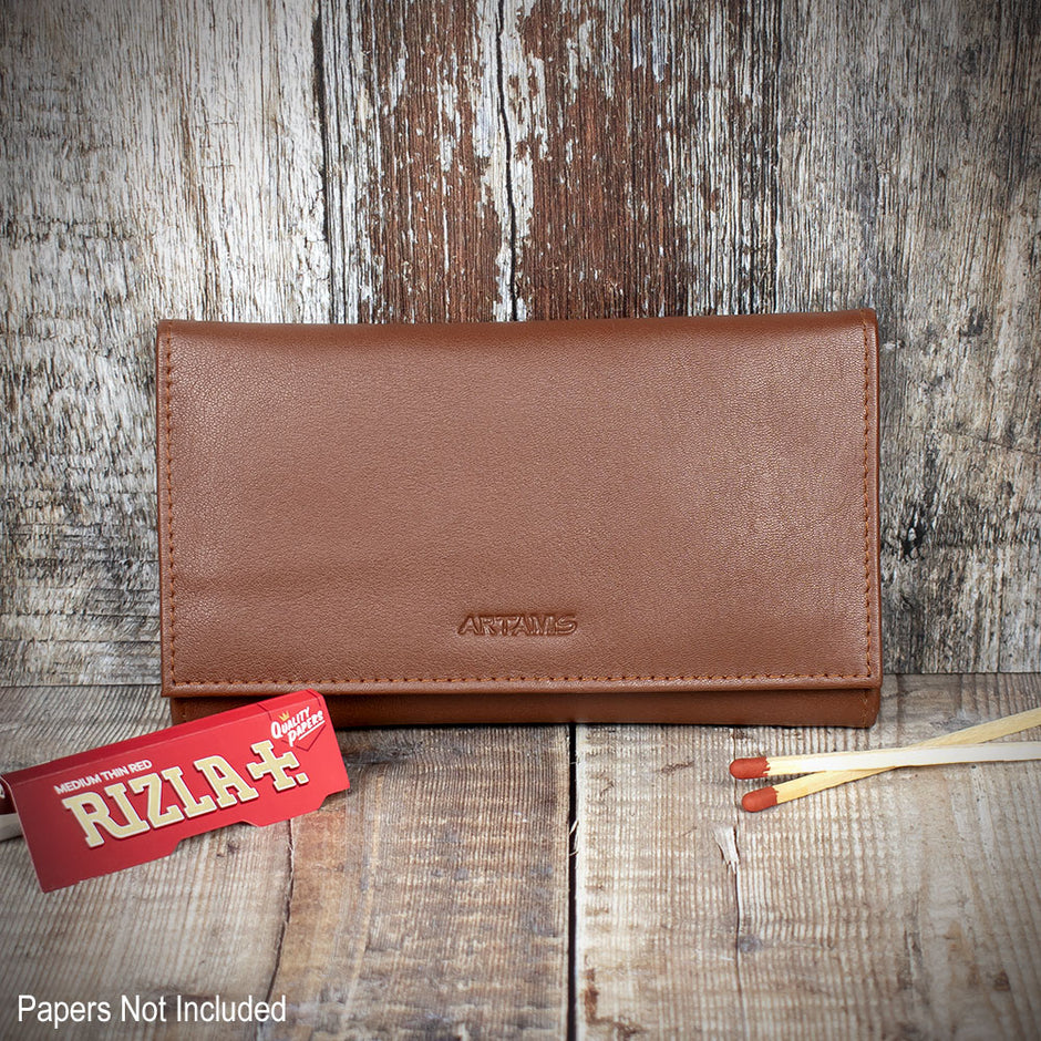 Sarome Tan Leather Roll & Button Handrolling Pouch PO27T. Smoke-King