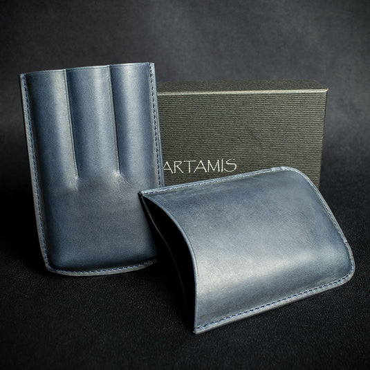 Navy Blue Leather Cigar Case By Artamis - 3 Finger Corona