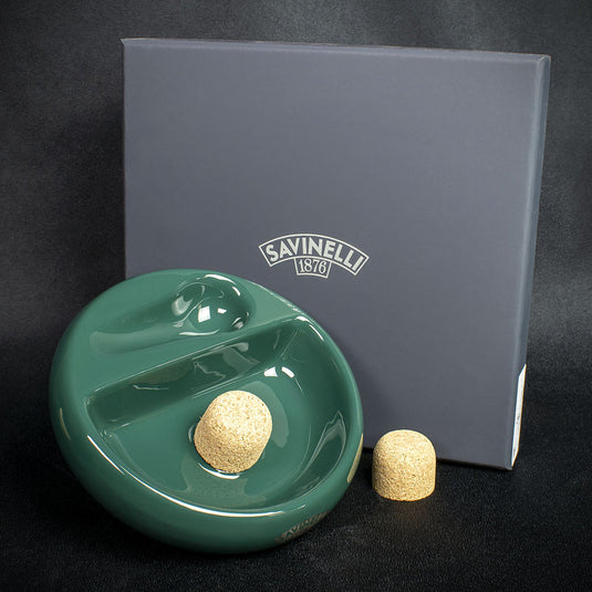 Savinelli Green Ceramic Ashtray -  One Pipe Rest with Cork Knocker 