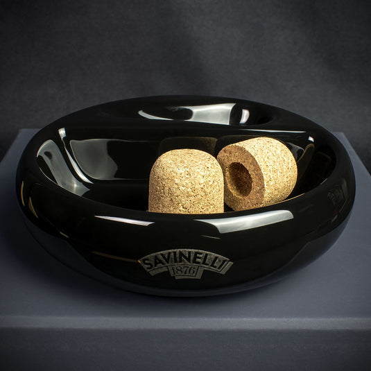 Savinelli Black Ceramic Ashtray - One Pipe Rest with Cork Knocker