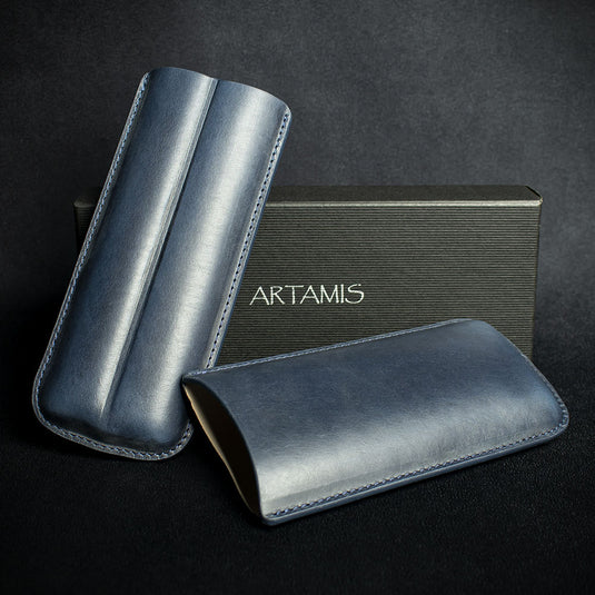 Navy Blue Leather Cigar Case By Artamis - 2 Finger Churchill