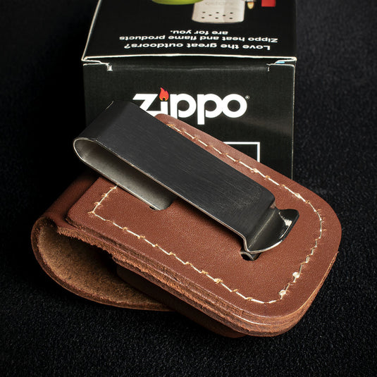 Zippo Lighter Pouch With Belt Clip - Brown Leather